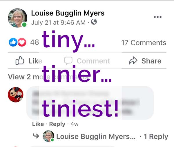 Facebook personal profile picture shown tiny with posts and comments.