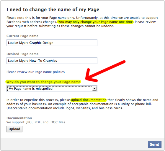 Change facebook page name