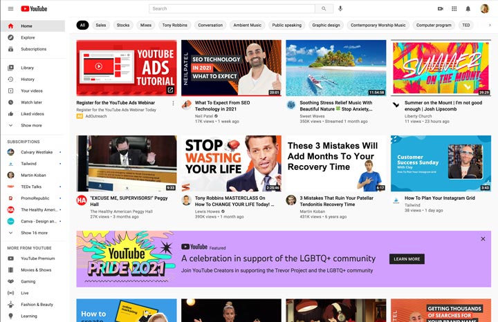 YouTube homepage on desktop.