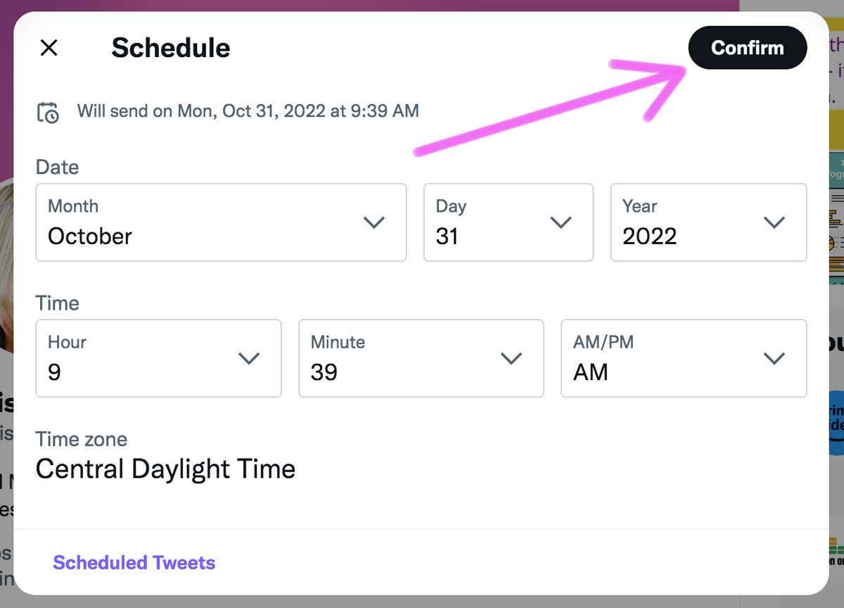 screenshot of twitter showing how to set the date and time for scheduled tweets.