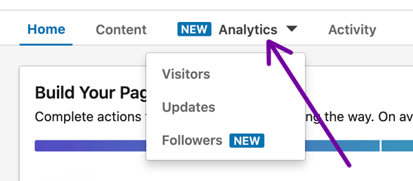 LinkedIn Company Page analytics dropdown