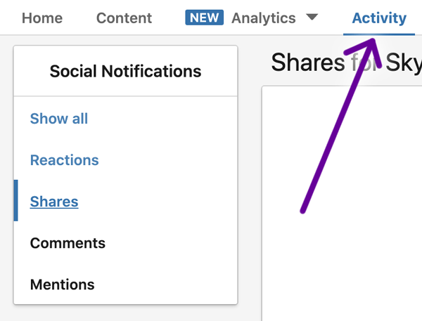 Capture d'écran du menu déroulant de l'activité LinkedIn