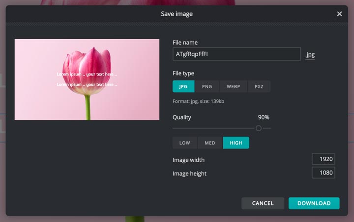 save your photo in various file formats in pixlr.