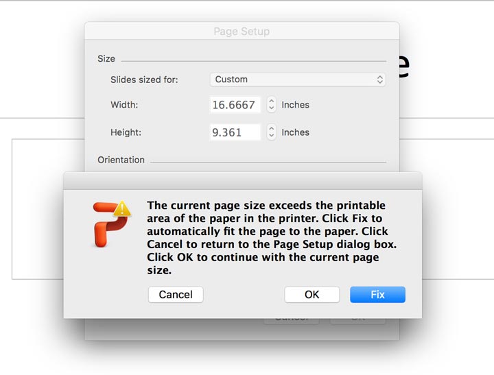powerpint warning on page size