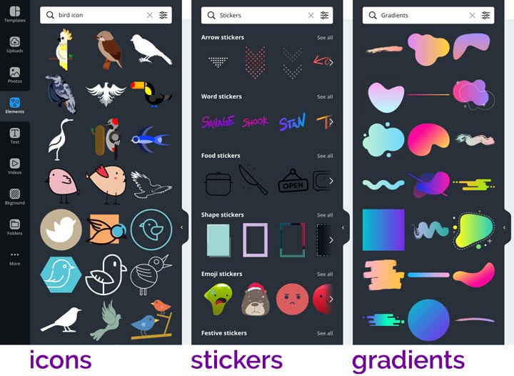 How to find Canva icons stickers and gradients screenshot