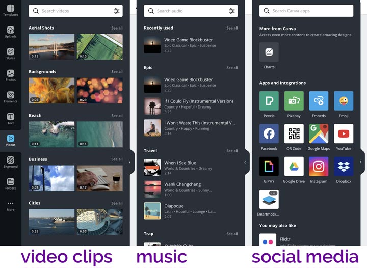 selection of stock video and music in Canva