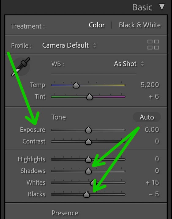 Adobe Lightroom basic exposure edits screenshot.