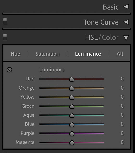 Adobe Lightroom luminance screenshot.