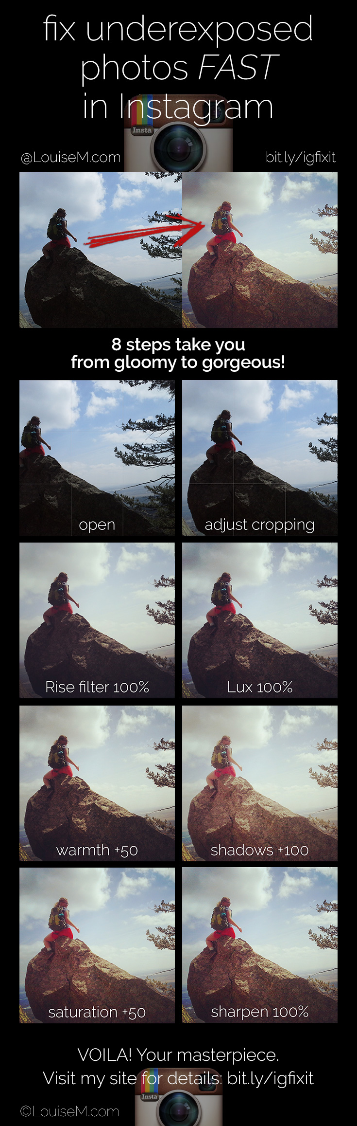 infographic showing how to fix underexposed photos right in Instagram.