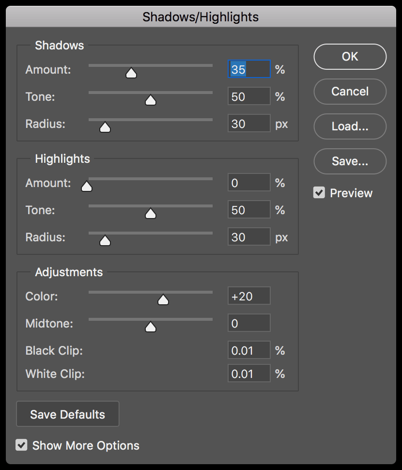 Adobe Photoshop shadows highlights panel screenshot.