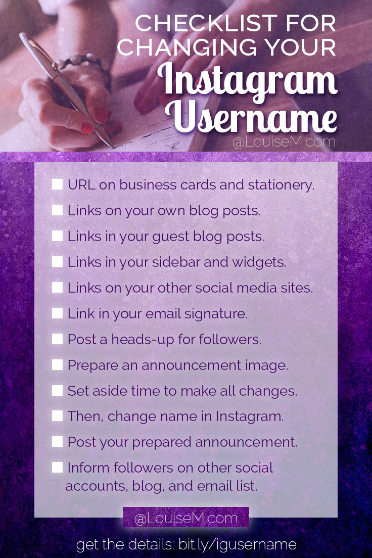 Want to change your Instagram username? It's not difficult - but there may be surprises. Cover all your bases with this checklist. Read the blog post for the full scoop! 