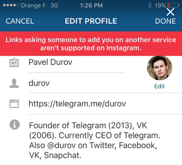 instagram blocks urls to telegram and snapchat - instagram wont let me follow someone 2016