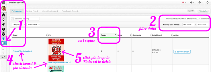 Ecco i passi per cancellare i Pin di Pinterest usando il Pin Inspector di Tailwind. Clicca per leggere i dettagli sul blog!