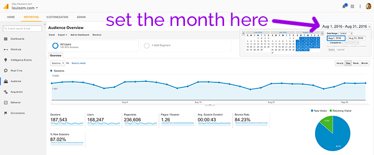 Track your blog traffic for a one-month period by setting the dates at top right.