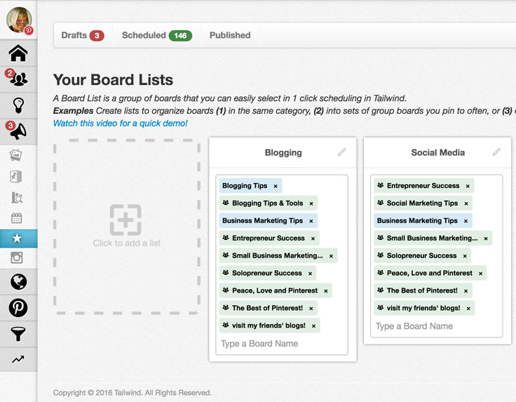 Pinterest board lists for fast scheduling.