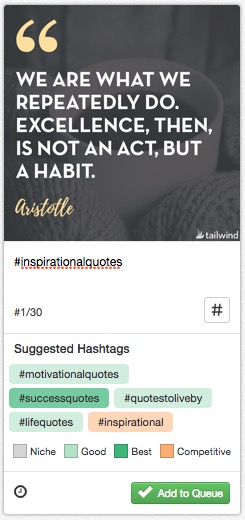 Starting with a single seed hashtag, Tailwind will recommend other relevant and related hashtags, color coding them so you can differentiate “good” hashtags from “best,” “niche,” or highly “competitive” ones.