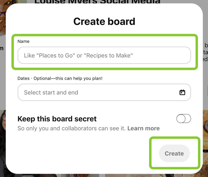 name and create pinterest board screenshot