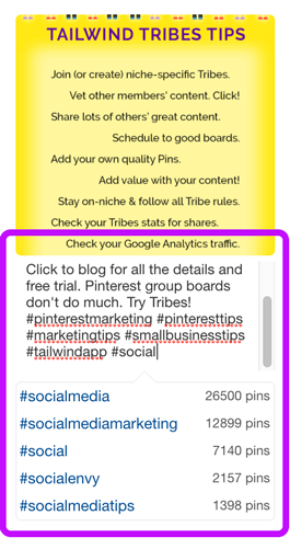 Suggested hashtags pop up in the Pin description when I Save a new Pin. I do not see this when editing a Pin description.