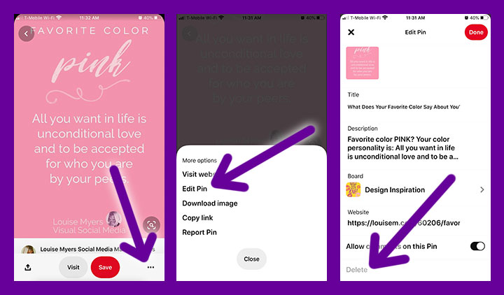 how to delete pins on mobile app