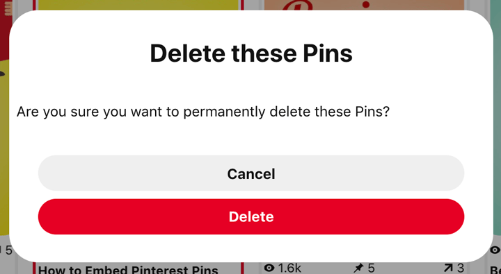 confirm deleting Pinterest Pins