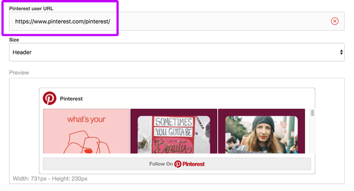 embed a Pinterest profile by entering the URL