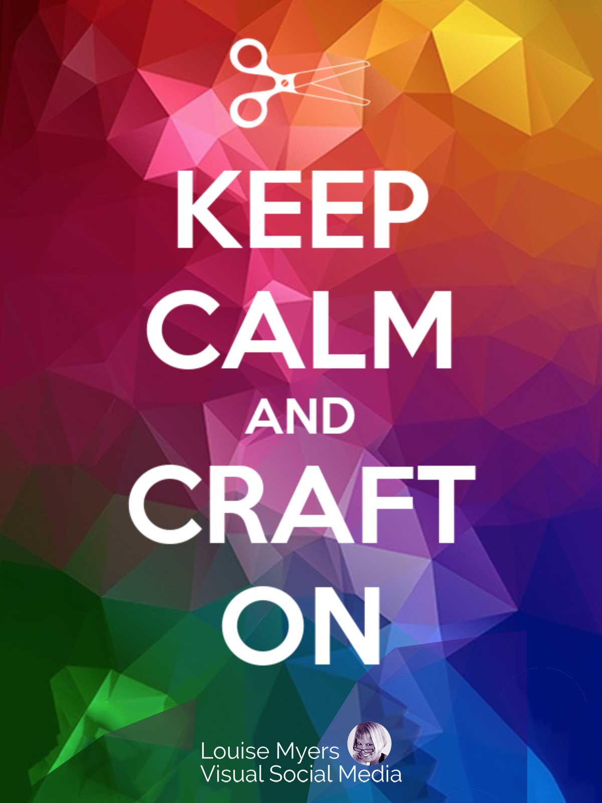 colorful prismatic background has text, Keep calm and craft on, with scissors icon.