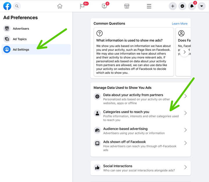 screenshot of how to find facebook ad settings categories.