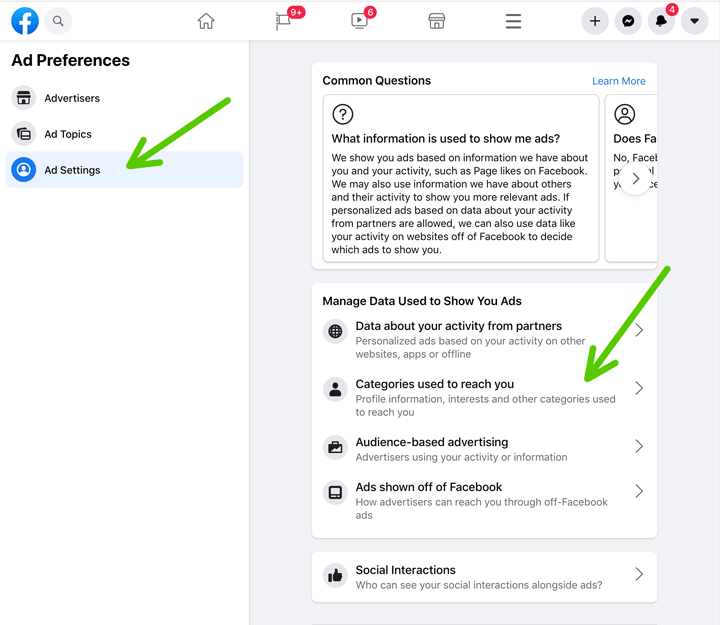 Captura de pantalla de cómo encontrar categorías para la configuración de anuncios de Facebook.