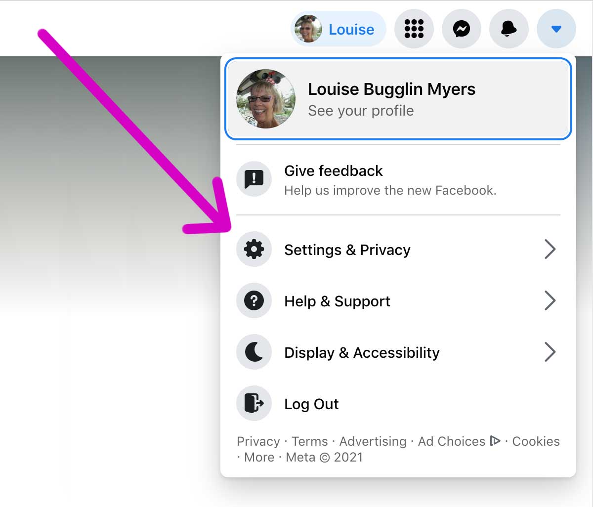 access the facebook settings in the dropdown menu.