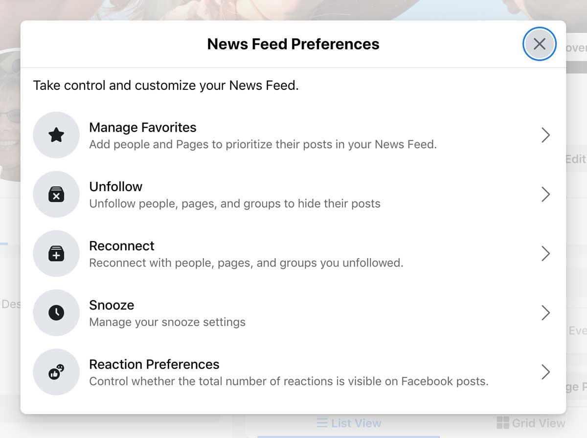 fb news feed option are Favorite, Unfollow, Reconnect, and Snooze.