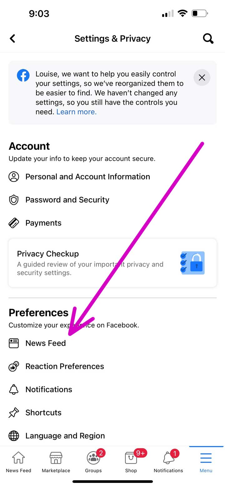 In the settings under Preferences, tap News Feed.