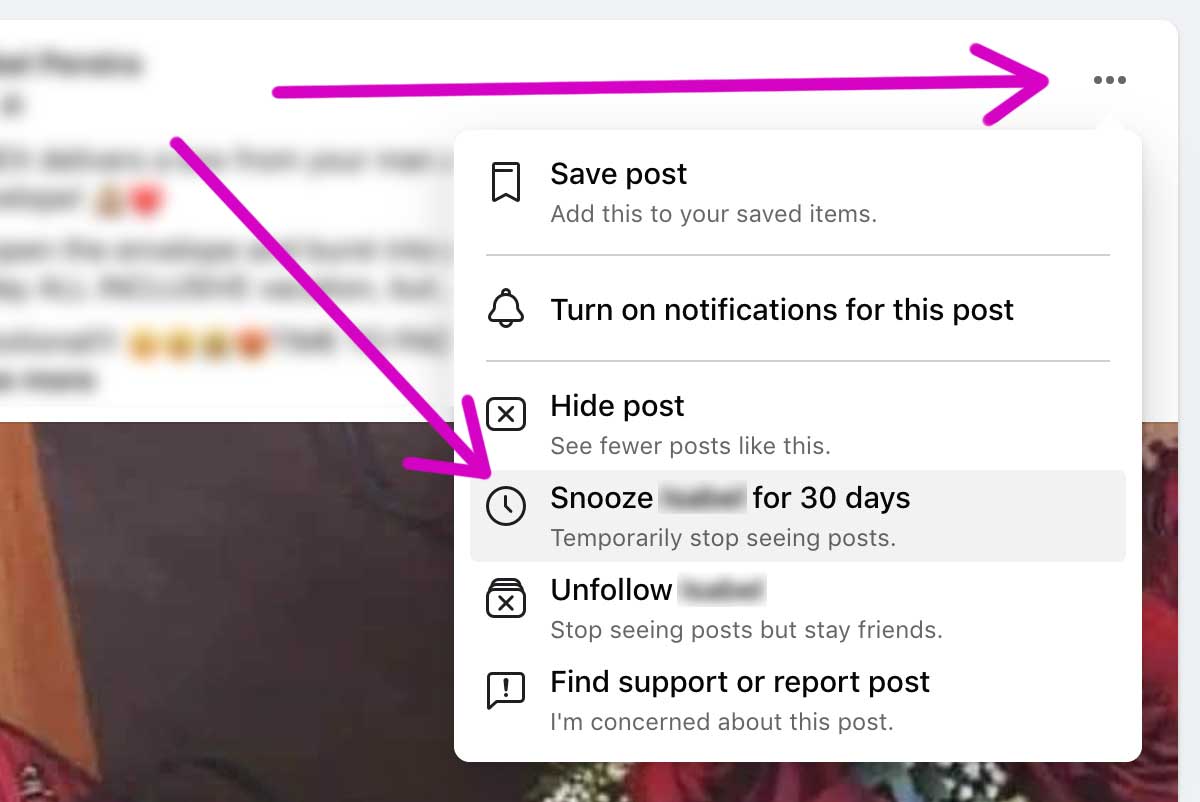 Snooze someone directly in the feed by clicking the 3 dots to the top right of their post.