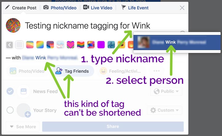 Type the nickname into your Facebook status update or comment