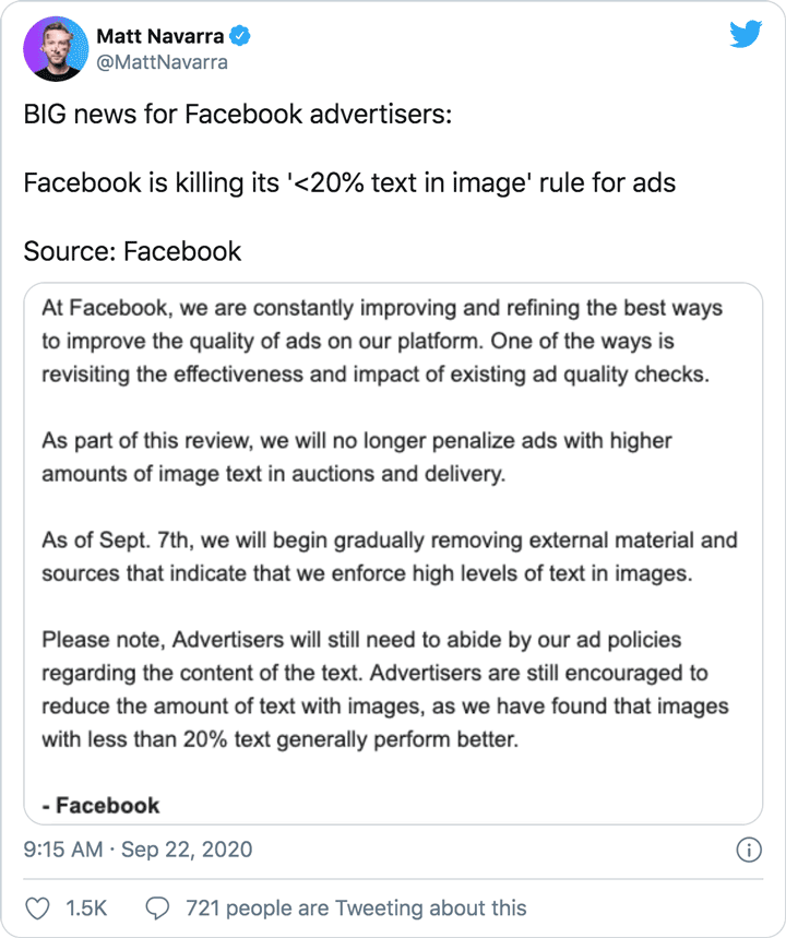 screenshot of Matt Navarra tweet about facebook text rule