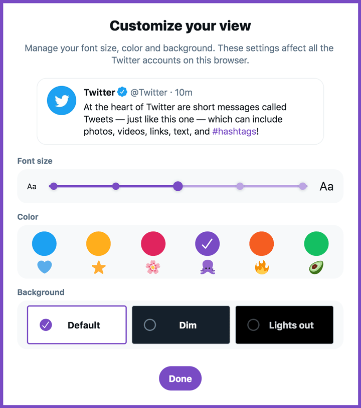 screenshot of twitter display customizations