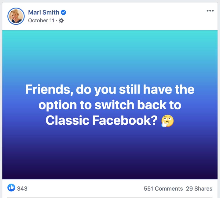 screenshot of facebook post switching to classic