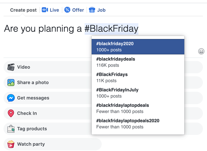 Facebook hashtag suggestions screenshot