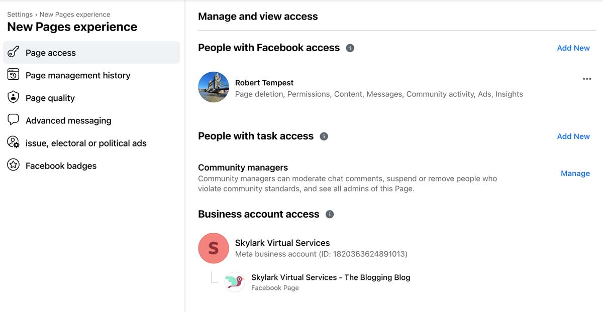 Facebook Page access options.