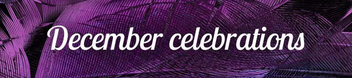 festive deep purple banner says December Celebrations.