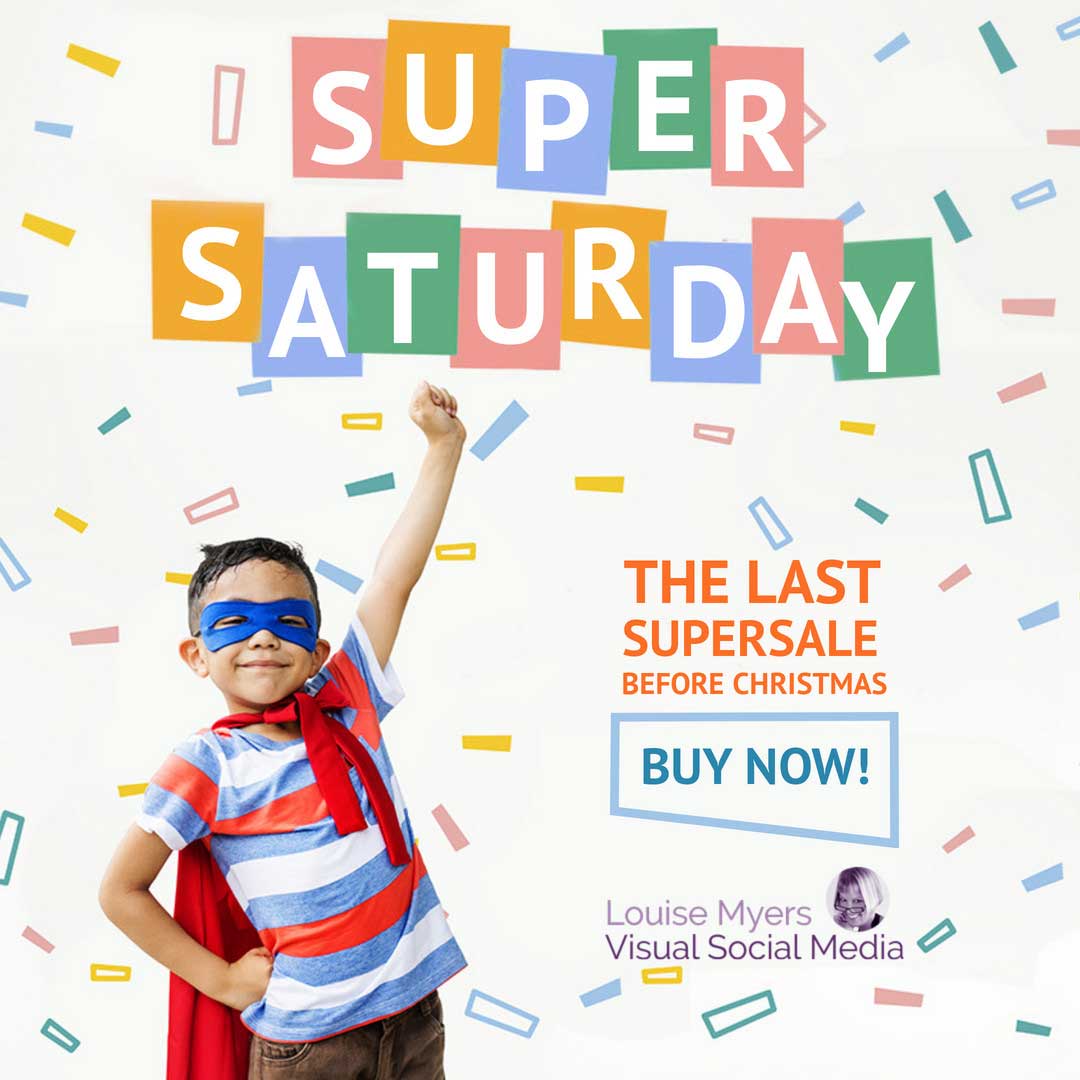 boy acting like superhero with colorful confetti falling and banner saying super saturday sale.