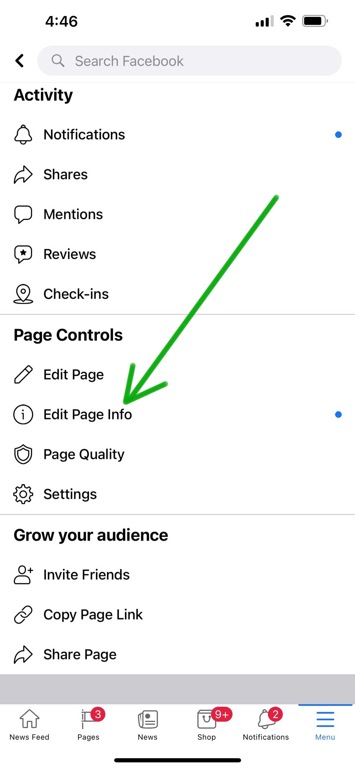 shows the Page Controls section and Edit Page Info.