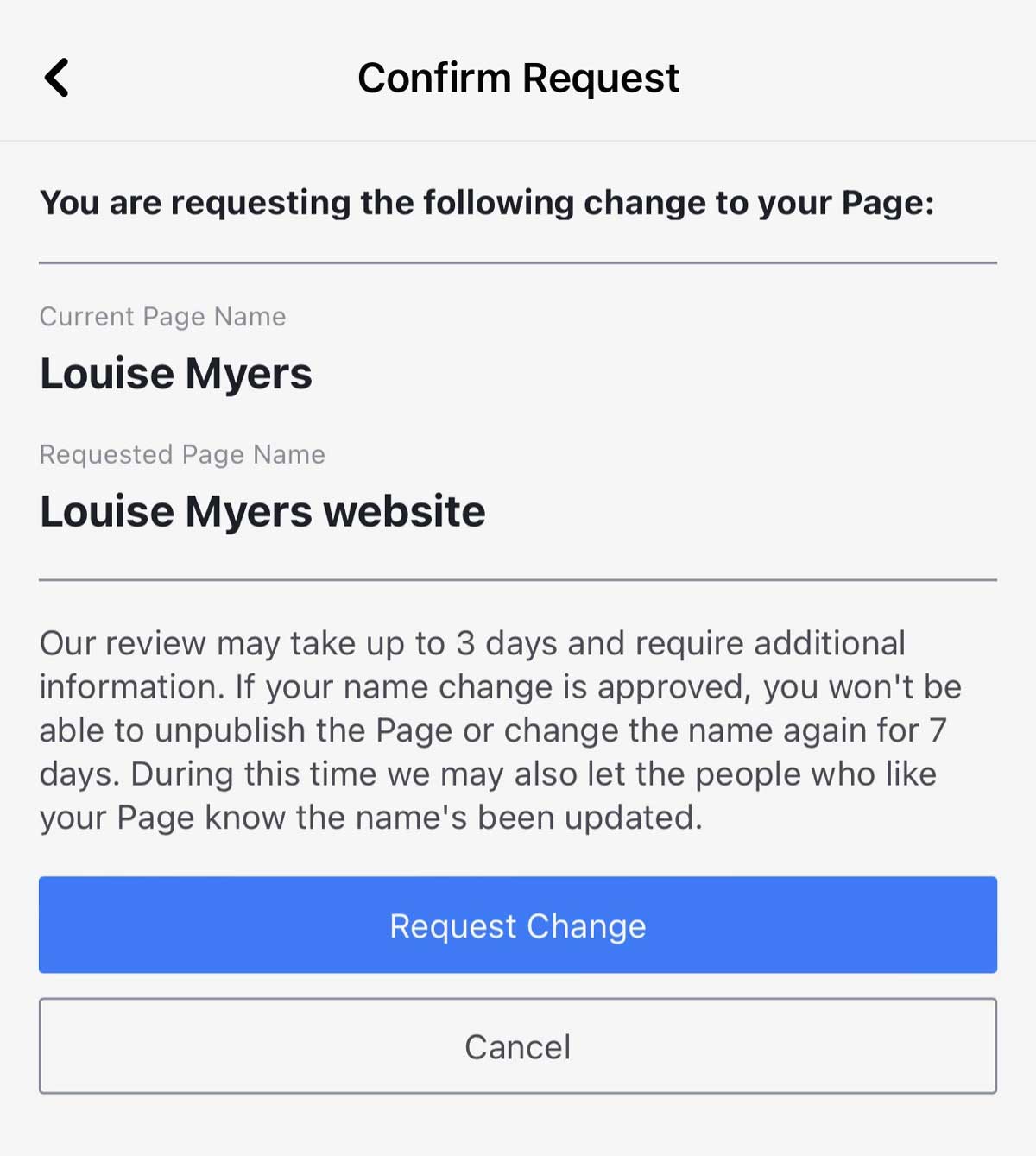 where to inspection your request and confirm Facebook page list deepen in fluid app.