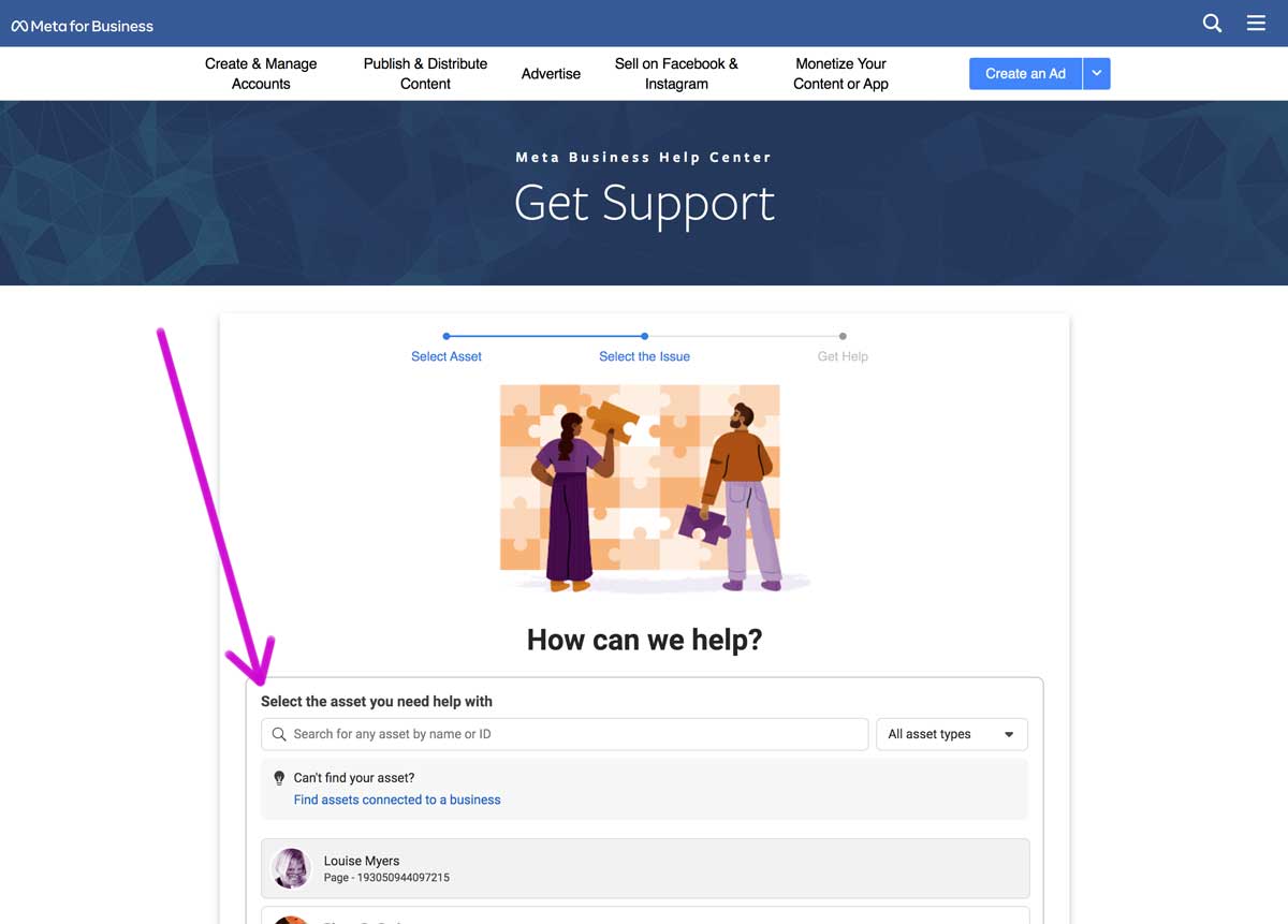meta business help center showing where to open a support ticket.