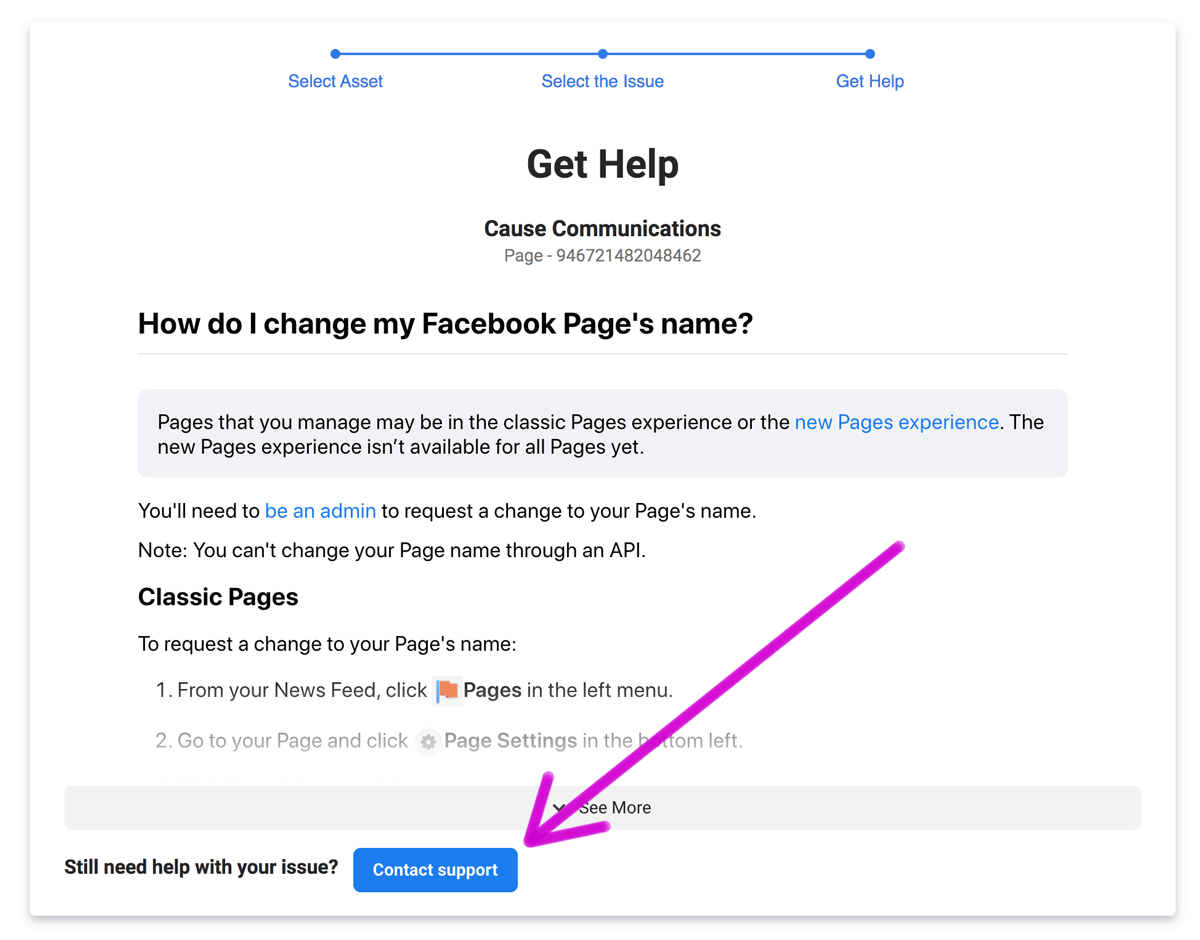 how to contact FB meta page support for a personal reply.