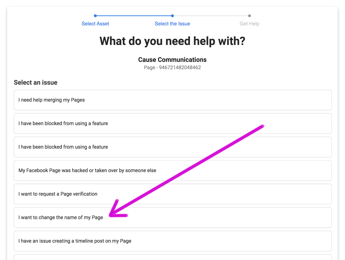 where to choose the facebook page problem you need help with.