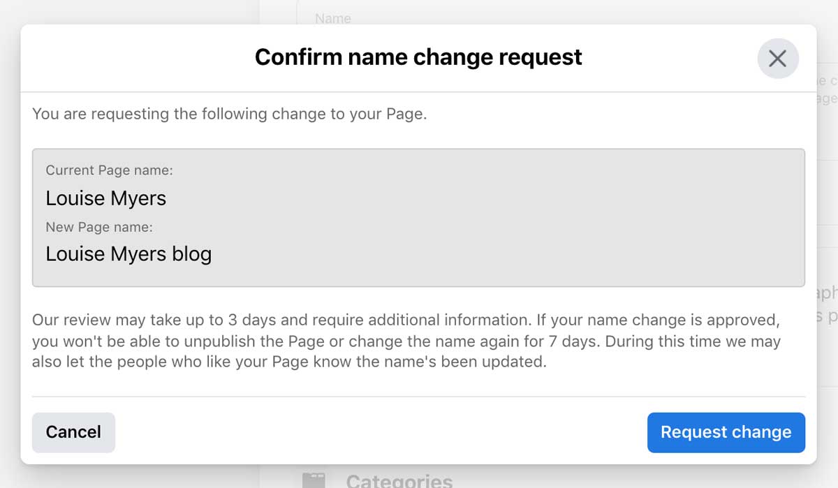 where to review your request and confirm Facebook page name change.