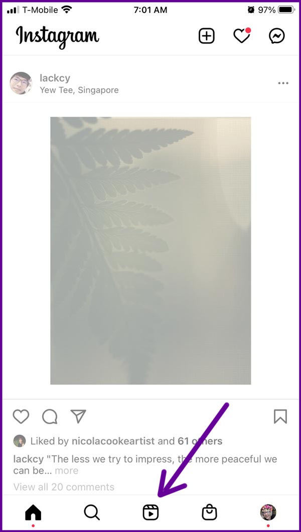 screenshot of Reels tab on Instagram home page.