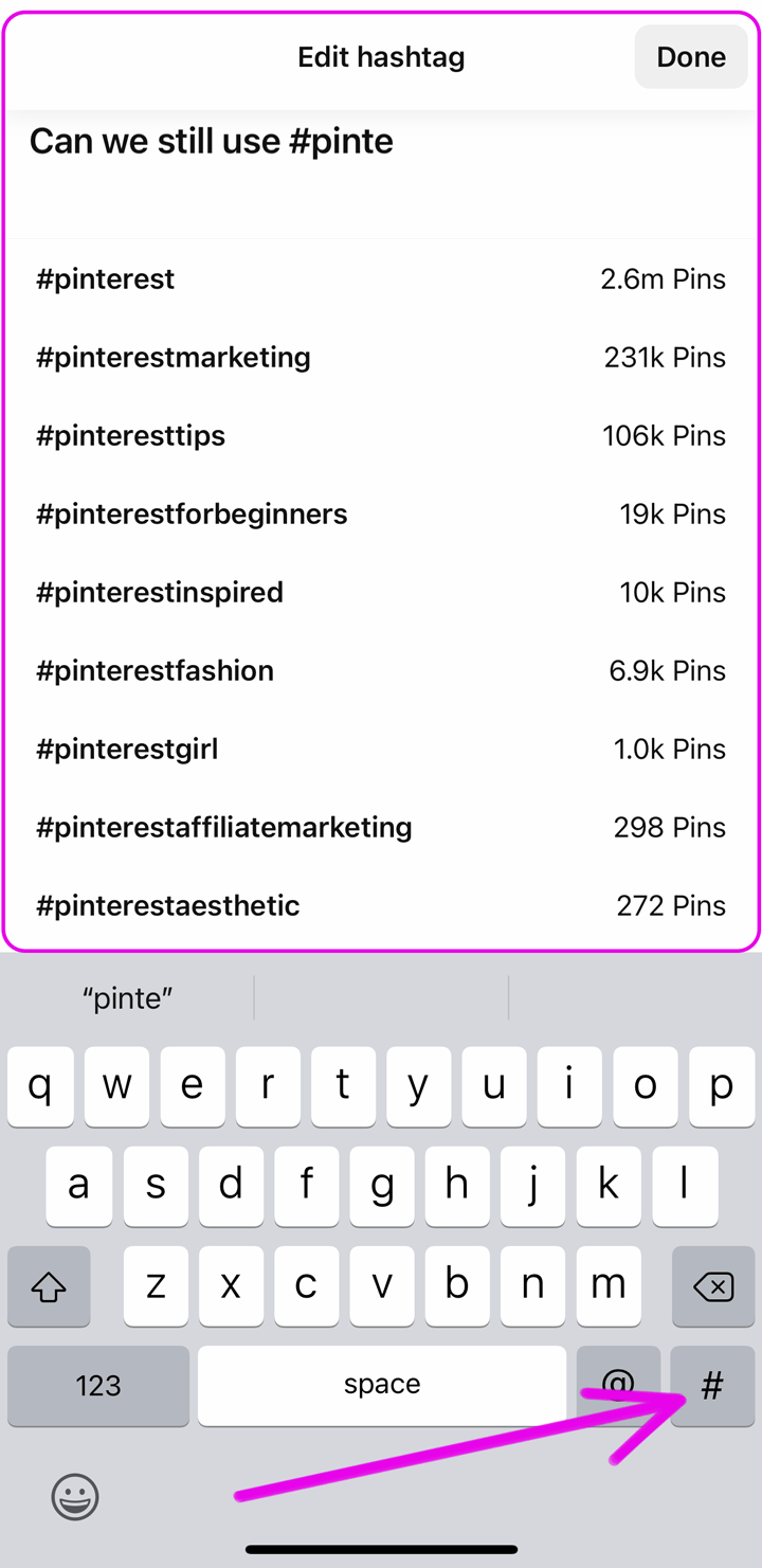 screenshot of hashtags working on Pinterest app in 2022.