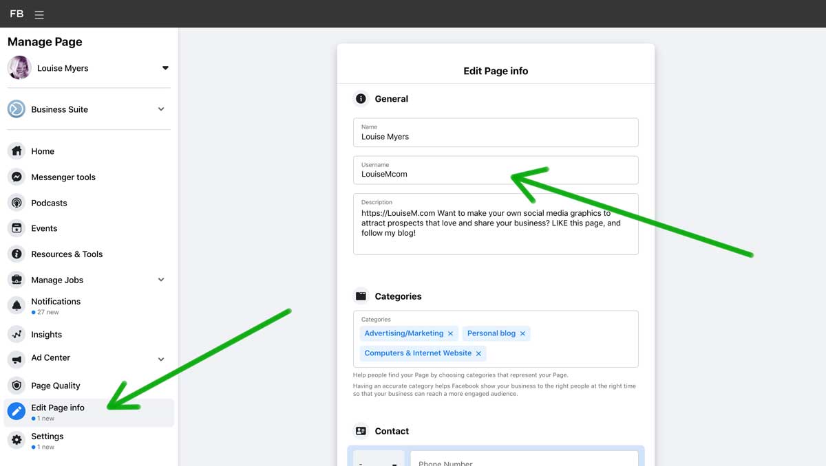 where to find edit page info and change a Facebook Page username.