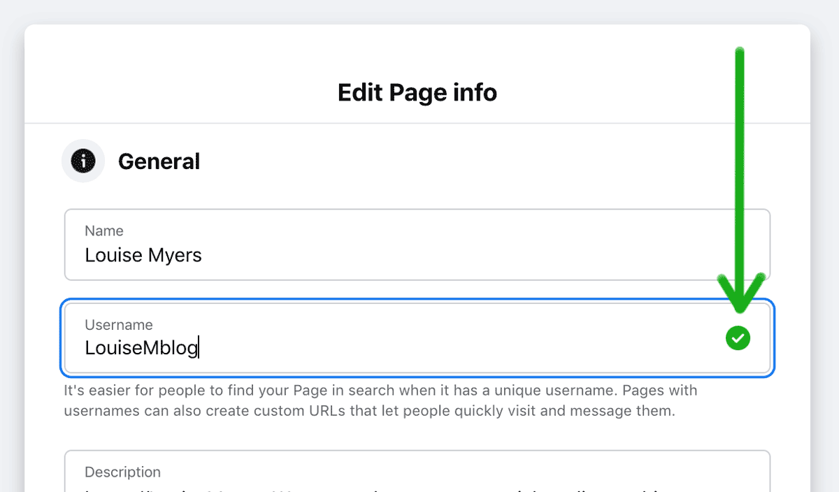 green checkmark when facebook username is available.